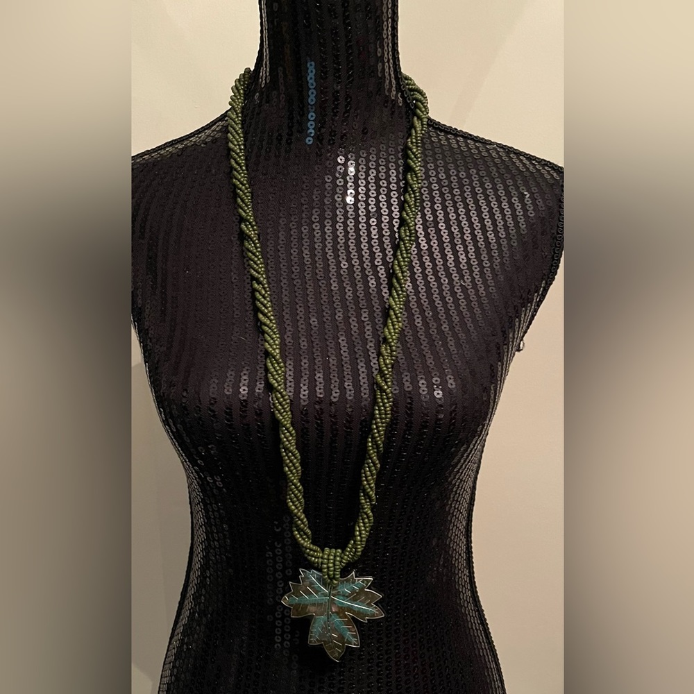 Oversized Acrylic Green Leaf Pendant Beaded Necklace